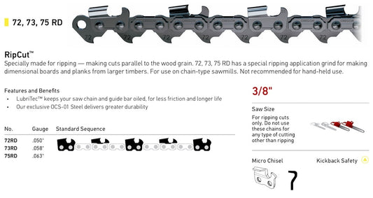 Oregon 72RD Ripping 3/8" .050" Custom Chainsaw Chain Loop